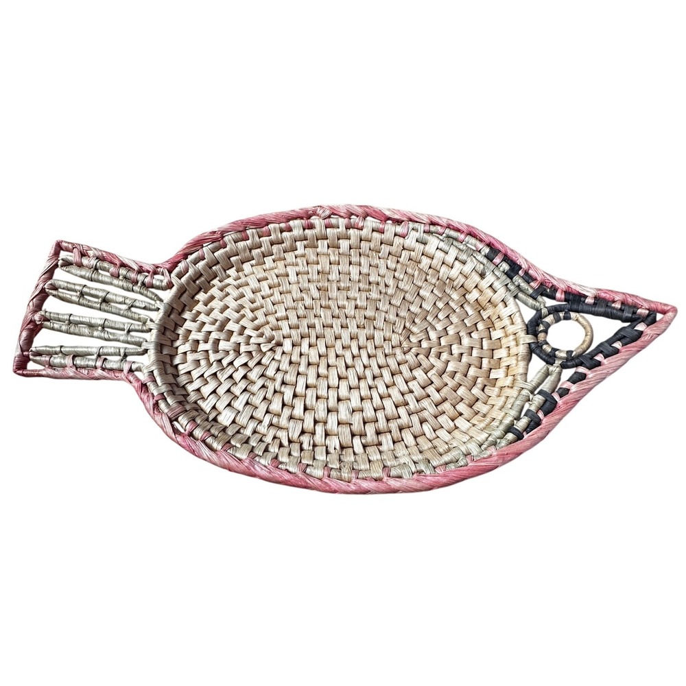 Vintage Woven Straw Fish Tray Pink Tan Black Coastal Boho Wall Decor 22 Inch